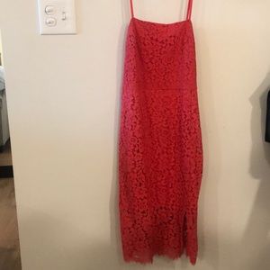 Coral pink lace overlay midi dress